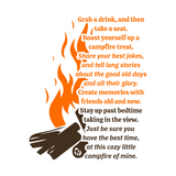 Text and graphic of a campfire with flames on a white background