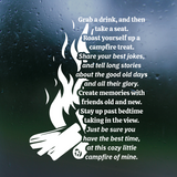 Text and campfire illustration on a dark background with raindrops
