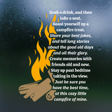 Text and illustration of a campfire on a dark background with water droplets.