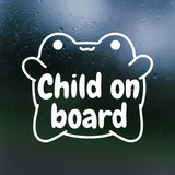 White 'Child on board' decal on a dark, textured glass surface