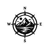 Blue compass with mountain and lake illustration on a white background
