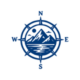 Blue compass with mountain and lake illustration on a white background