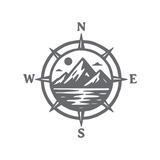 Blue compass with mountain and lake illustration on a white background