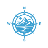 Blue compass with mountain and lake design on a white background