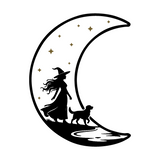 Die Cut Vinyl Decal - Witch Walking Her Dog On The Moon