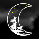 Die Cut Vinyl Decal - Witch Walking Her Dog On The Moon