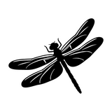 A black dragonfly silhouette decal or graphic on a solid white background.