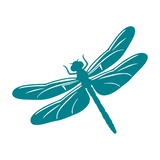 A teal dragonfly silhouette graphic on a plain white background.