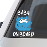 Die-cut vinyl car decal featuring two cute brown cartoon owl characters with big eyes and raised wings, arranged in two pairs. Top text reads 'KID'S ON BOARD' in blue, bottom text reads 'TWINS ON BOARD' in blue. Playful design for parents of twins.

