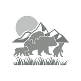 Gray silhouette of a bear with two cubs and mountains on a white background