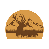 Silhouette of a deer with mountains and grass on a brown background