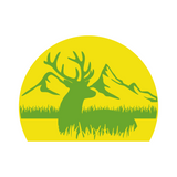Green silhouette of a deer and mountains on a yellow background
