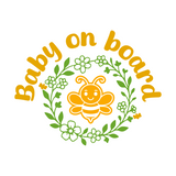 Baby on board sign with a bee and floral design on a white background