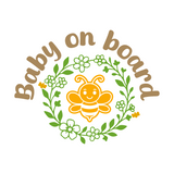 Baby on board sign with a bee and floral design on a white background