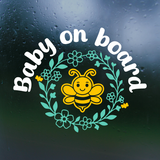 Baby on board sticker with a bee design on a dark background