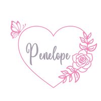 Heart-shaped design with 'Penelope' text, butterfly, and rose on a white background