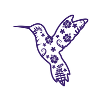 Decorative purple hummingbird with floral patterns on a white background