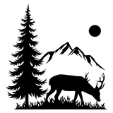 Black silhouette of a deer, tree, and mountain with a moon in the background on a white background