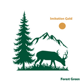 Silhouette of a deer in a forest with mountains and a sun, using imitation gold and forest green colors.