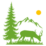 Green silhouette of a deer, tree, and mountain with a yellow sun on a white background