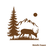 Silhouette of a deer, tree, and mountain with a sun, all in metallic gold on a white background.