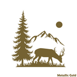Silhouette of a deer, tree, and mountain with a sun, all in metallic gold on a white background.
