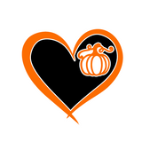 Heart-shaped logo with an orange outline, black center, and a white pumpkin inside on a white background.