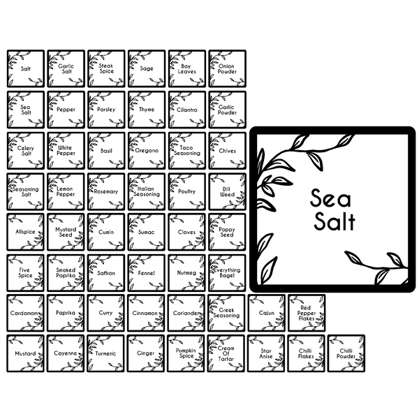 Collection of black and white seasoning labels with a prominent 'Sea Salt' label.