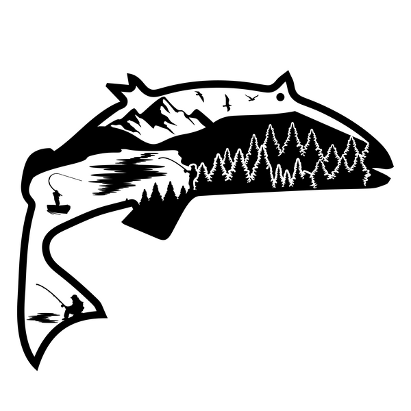 Black silhouette of a fish with mountain and fishing elements on a white background