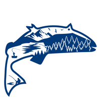 Blue fish outline with mountain and fishing elements on a white background