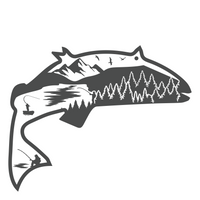 Salmon silhouette with mountain, forest, and fishing elements on a white background