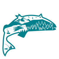 Teal fish-shaped logo with mountain and forest design on a white background