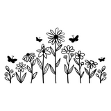 Black line art of flowers and butterflies on a white background