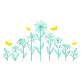 Illustration of green flowers and yellow butterflies on a white background