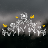 Illustration of white flowers and yellow butterflies on a dark background with raindrops.