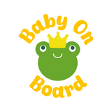 Frog with a crown and 'Baby On Board' text on a white background