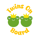 Two green frogs with yellow crowns and 'Twins on Board' text on a white background