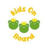Three green frogs with yellow crowns and 'Kids On Board' text on a white background