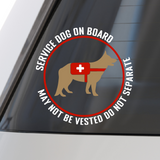 Service dog on board sticker with text on a car window