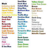 Color swatch chart with various color names and corresponding hex codes.