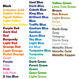 Color swatch chart with various color names and corresponding hex codes.