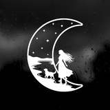 Die Cut Vinyl Decal - Woman With Dog Walking On The Moon