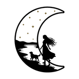 Die Cut Vinyl Decal - Woman With Dog Walking On The Moon