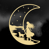 Die Cut Vinyl Decal - Woman With Dog Walking On The Moon