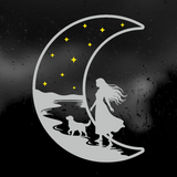 Die Cut Vinyl Decal - Woman With Dog Walking On The Moon