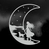 Die Cut Vinyl Decal - Woman With Dog Walking On The Moon