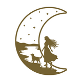 Die Cut Vinyl Decal - Woman With Dog Walking On The Moon