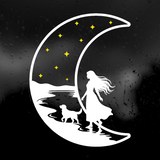 Die Cut Vinyl Decal - Woman With Dog Walking On The Moon