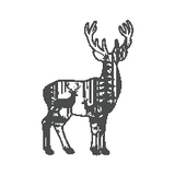 Black and white illustration of a deer with large antlers on a white background