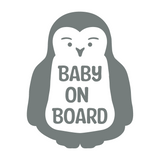 Gray penguin with 'Baby on Board' text on a white background